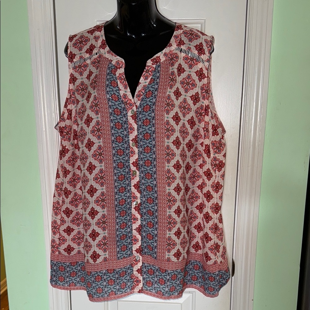 Westport 1962 Red/Pink/Blue Pattern Boho Lace Back Sleeveless Top Plus Size 2x